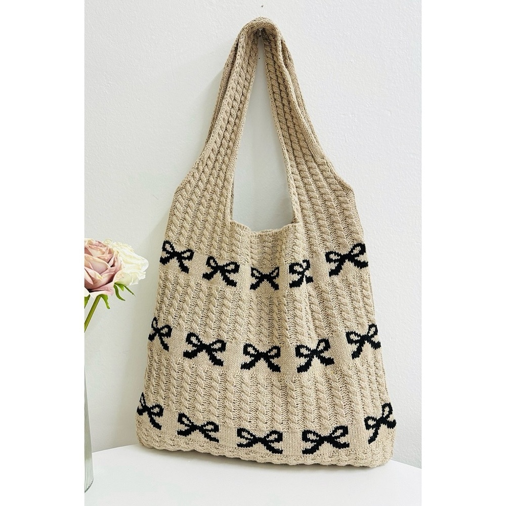 NEW Zenana Bow Knit Tote Bag Tan Black Coquette Chic Shoulder Bag - Picture 2 of 4